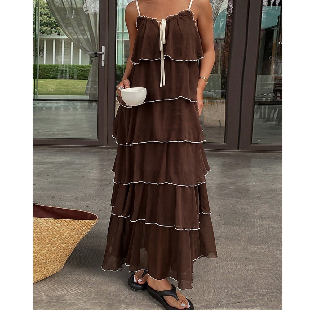 Boho Brown Ruffle Layered Adjustable CAmi Straps Maxi Dress